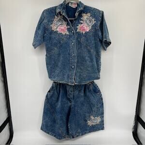 VTG 80s Acid Wash Denim Shirt and Shorts Set Womens S Pret Bedazzled Floral